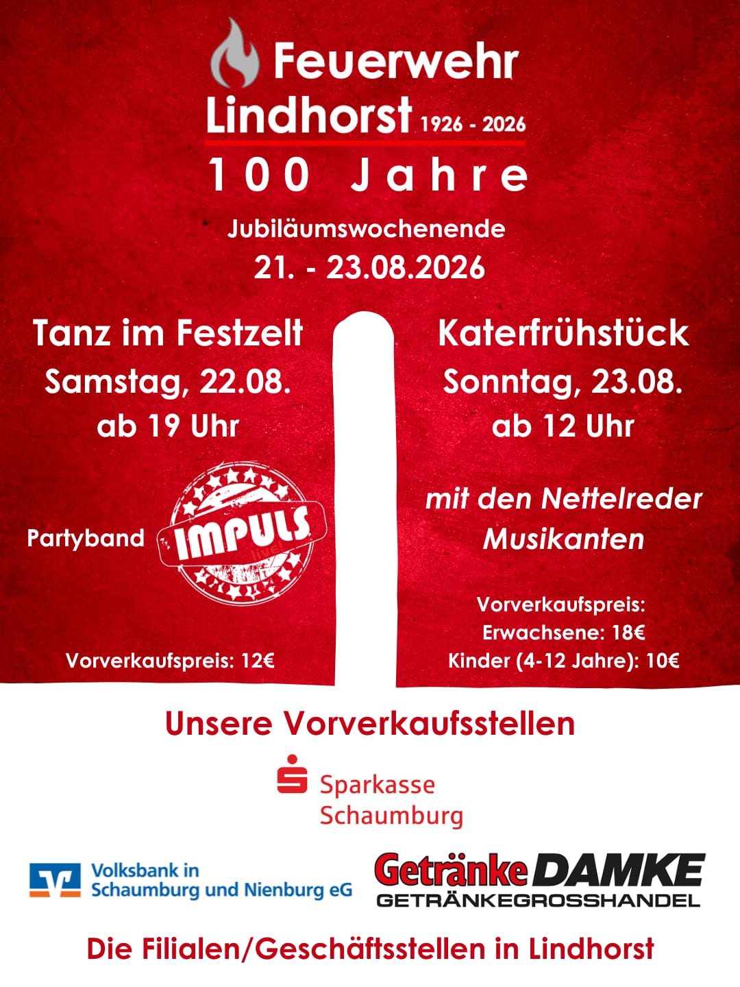 Flyer zum Kartenvorverkauf für das Jubiläumswochenende 2026
